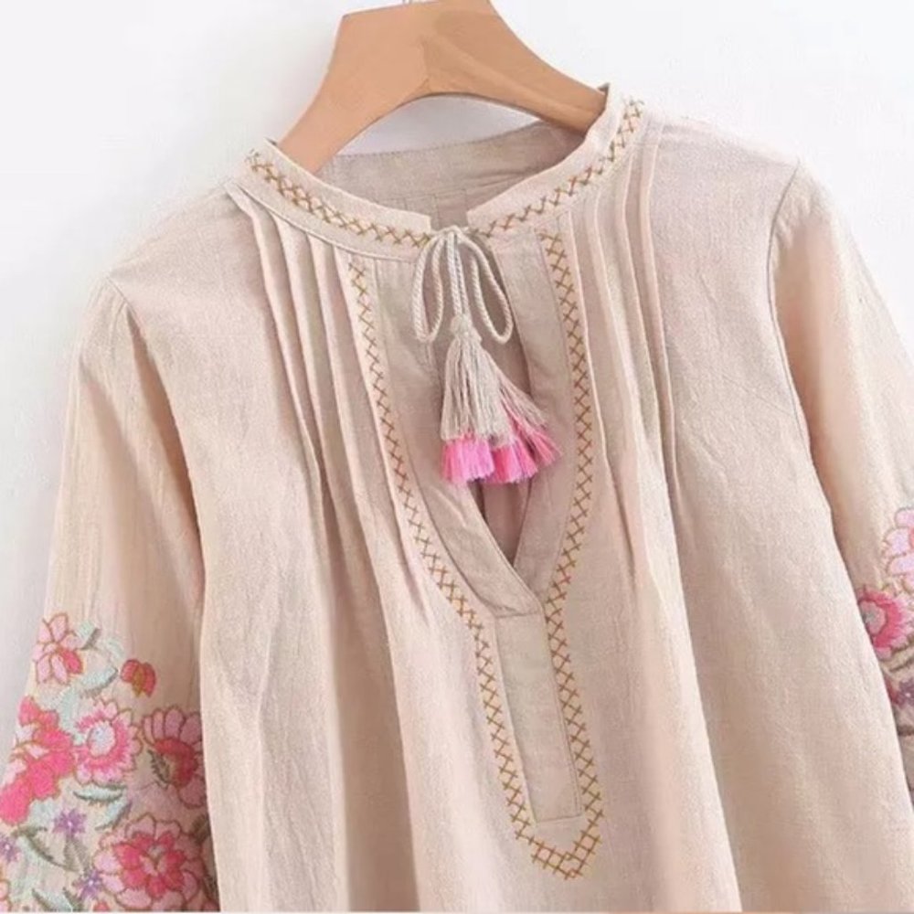 030 Boho Embroidered Floral Puff Sleeve Tassel Blouse - Picture 9 of 9